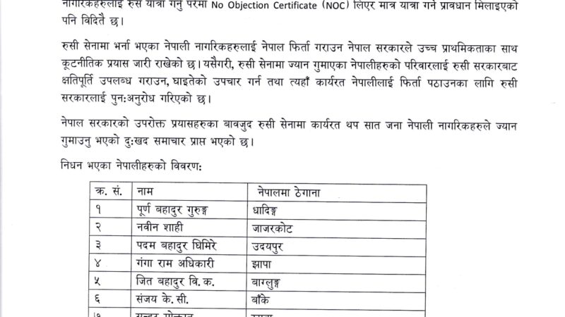रुसी सेनामा भर्ना भएका थप ७ नेपालीको मृत्यु रुसी सेनामा भर्ना भएका थप ७ नेपालीको मृत्यु