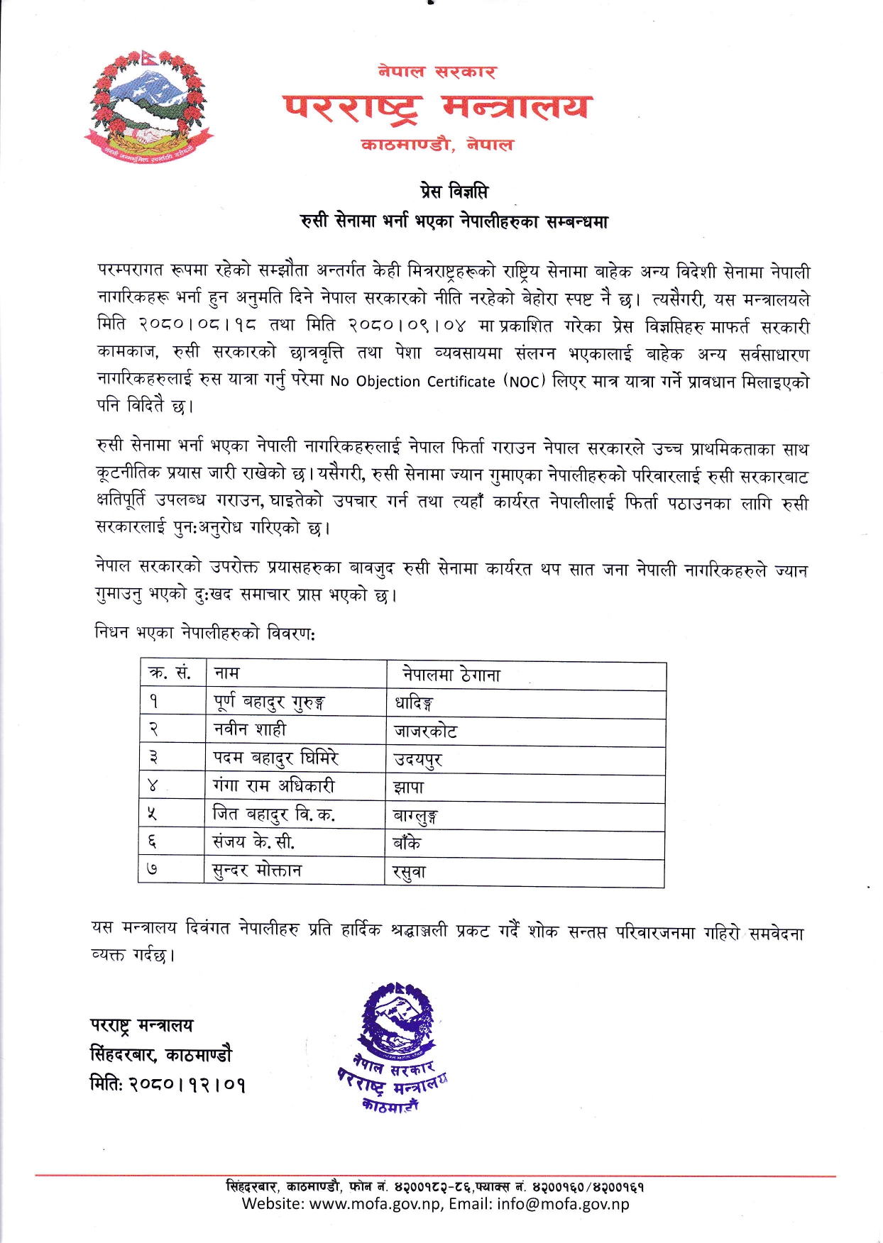 रुसी सेनामा भर्ना भएका थप ७ नेपालीको मृत्यु रुसी सेनामा भर्ना भएका थप ७ नेपालीको मृत्यु