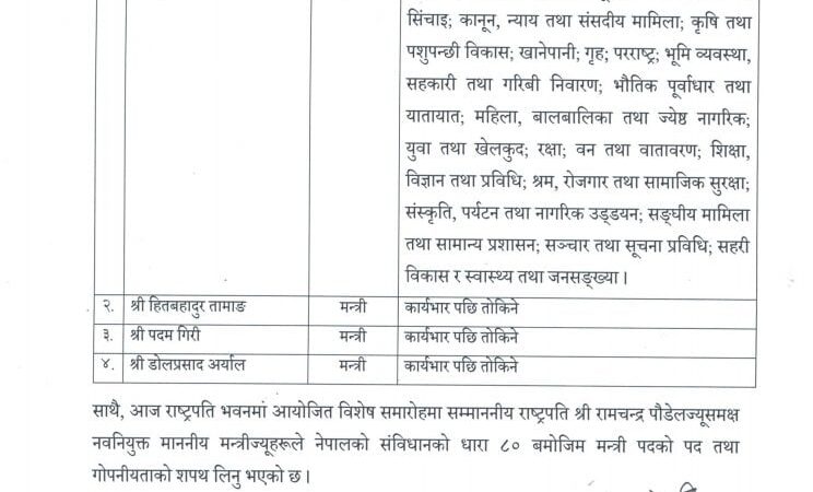 सबै मन्त्रालयको जिम्मेवारी प्रधानमन्त्रीसँग,नवनियुक्त तीन मन्त्री पनि विनाविभागीय सबै मन्त्रालयको जिम्मेवारी प्रधानमन्त्रीसँग,नवनियुक्त तीन मन्त्री पनि विनाविभागीय