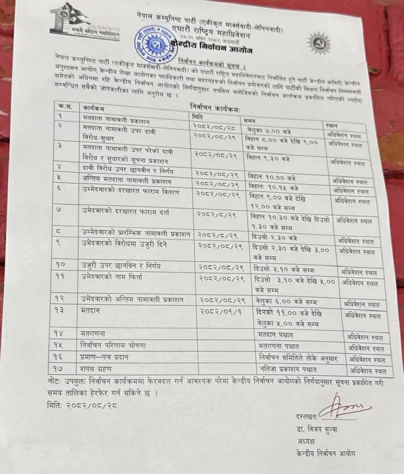 यस्तो छ एमालेको ११औ महाधिवेशनको निर्वाचन कार्यतालिका