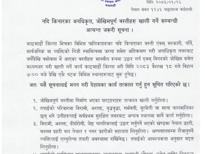 काठमाडौँ जिल्लाका सबै सुकुम्बासी बस्ती बैशाख १८ गतेदेखि खाली गरिने