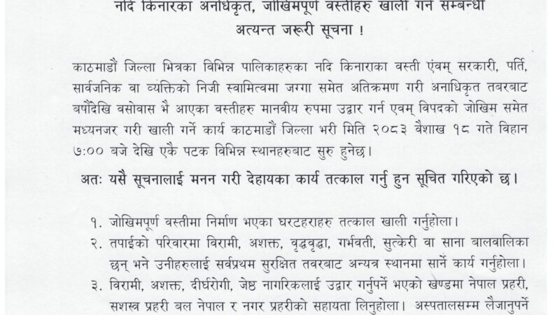 काठमाडौँ जिल्लाका सबै सुकुम्बासी बस्ती बैशाख १८ गतेदेखि खाली गरिने