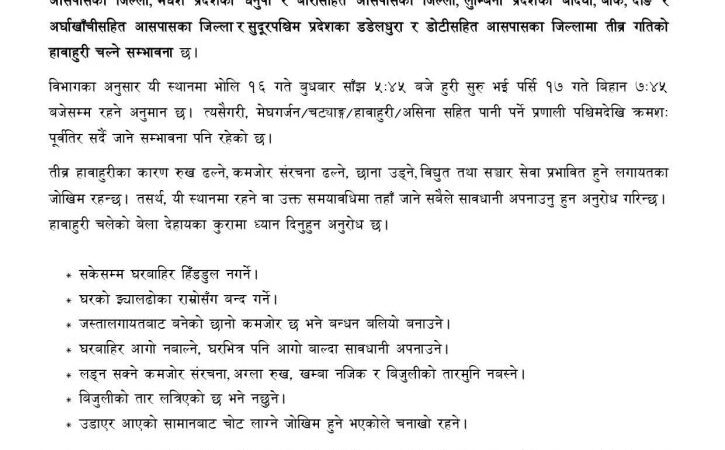 बुधबार देशका विभिन्न क्षेत्रमा तीव्र गतिको हावाहुरी चल्ने,सतर्कता अपनाउन आग्रह