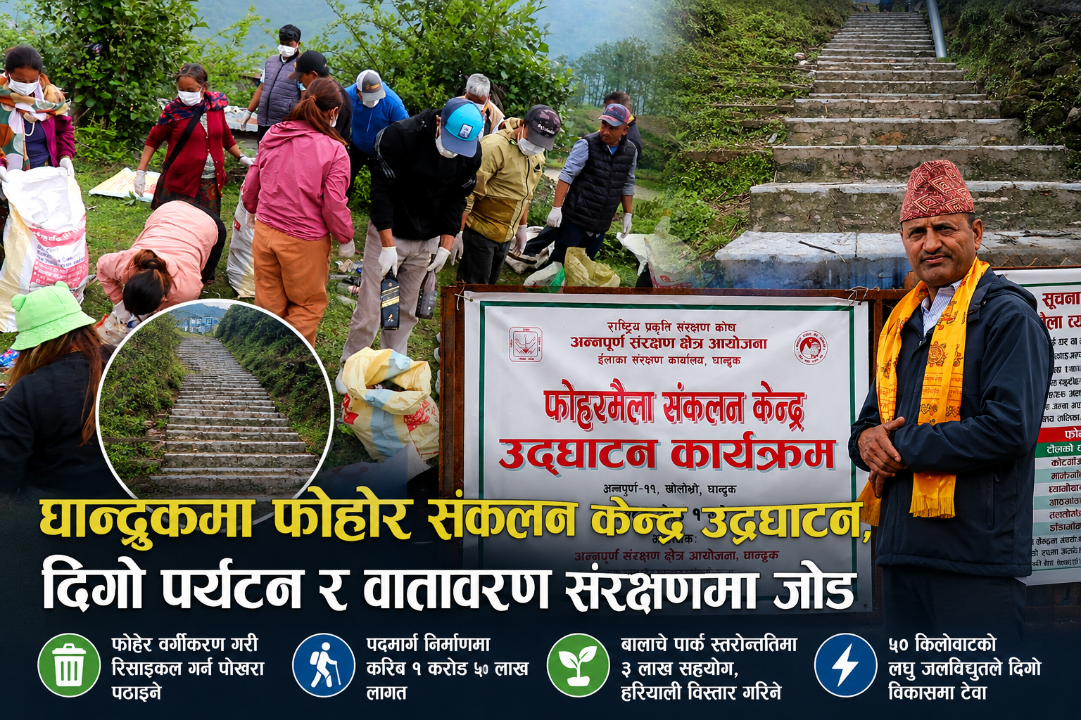 घान्द्रुकमा फोहोरमैला सङ्कलन केन्द्र उद्घाटन; दिगो पर्यटनका लागि वातावरण संरक्षणमा जोड