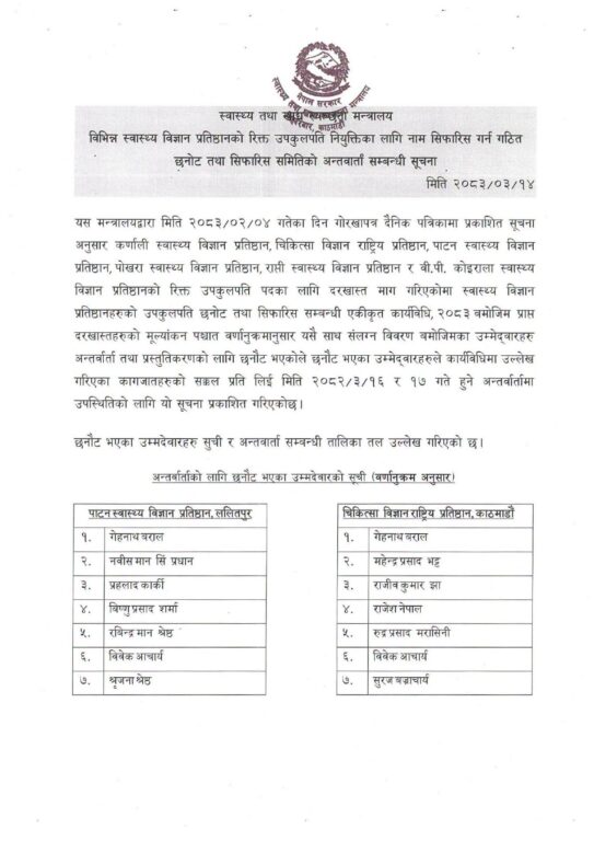 रिक्त उपकुलपति पदमा नियुक्तिका लागि अन्तर्वार्ता र प्रस्तुतिकरणको तालिका सार्वजनिक