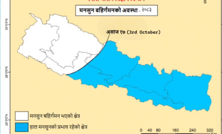 पश्चिमी भूभागबाट बाहिरियो मनसुन,मध्य तथा पूर्वी भूभागबाट बाहिरन केही दिन लाग्ने